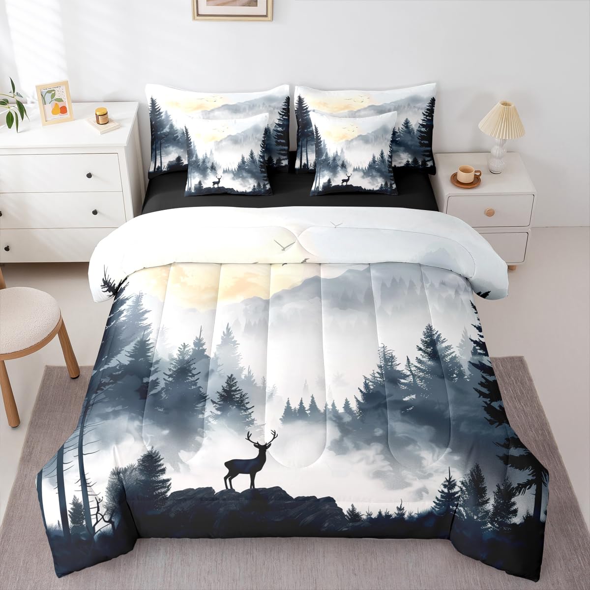 Erosebridal Sunrise 7 Piece Bedding Set Twin Reindeer Comforter Set with Sheets Elk Landscape Mountain Natural Bed in a Bag Woods Smoke Fog Deer Birds for Kids Boys Girls