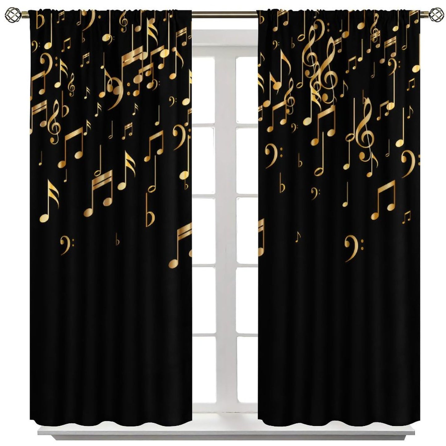 Musical Notes Curtains, Golden Music Note Print Black Background Modern Art Window Treatments Drapes for Living Room Bedroom Kitchen Home 42" W X 45" L(No Blackout)
