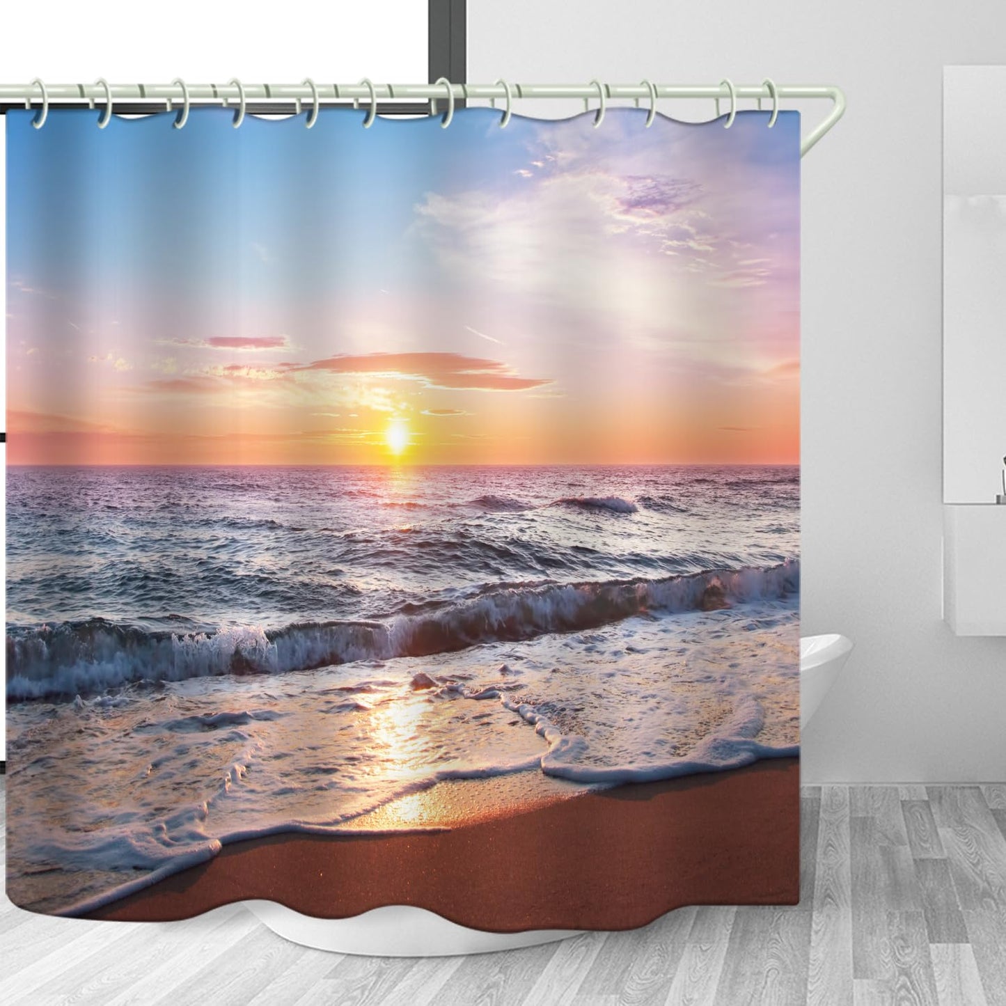 LYFANS Bathroom 3D Beach Sunset Decorative Shower Curtain, 72x72 Inch Waterproof Fabric Shower Curtains with 12 Hooks