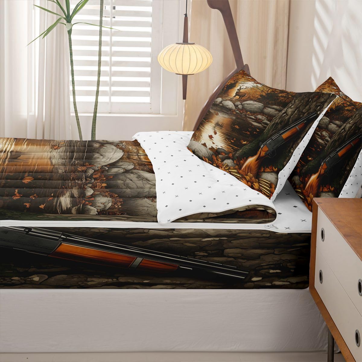 jejeloiu Deer Zipper Bedding Twin Hunting Wildlife Zipper Bedding Sets for Kids Boys Girls Autumn Pond Comforter Set with Fitted Sheet and 2 Pillowcases Rustic Bedroom Decor