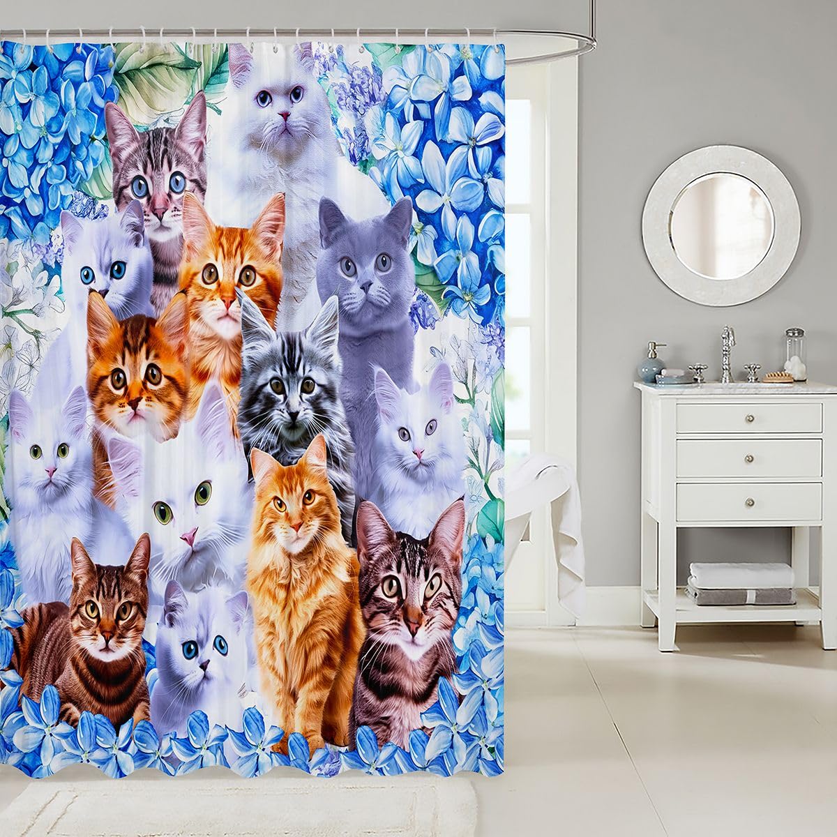 Cute Cat Shower Curtain with Hooks Cartoon Pet Cats Waterproof Shower Curtains Boys Girls Cute Kitten Print Fabric Bathroom Shower Curtain Cat Lover'S Animal Themed Design Curtain,72Wx72L Inch