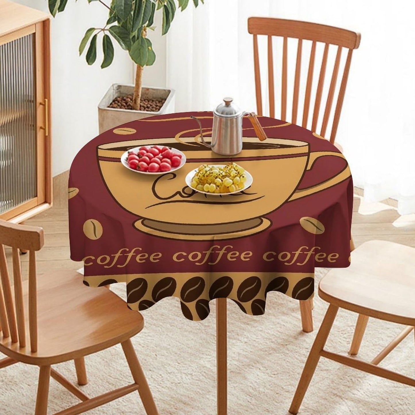 GoDazzling Coffee Round Tablecloth, Brown Coffee Themed Kitchen Cafe Tea Party Patterned Cafe Tablecloth for Home Party Dining Room Kitchen Decor 36Inch(90cm)