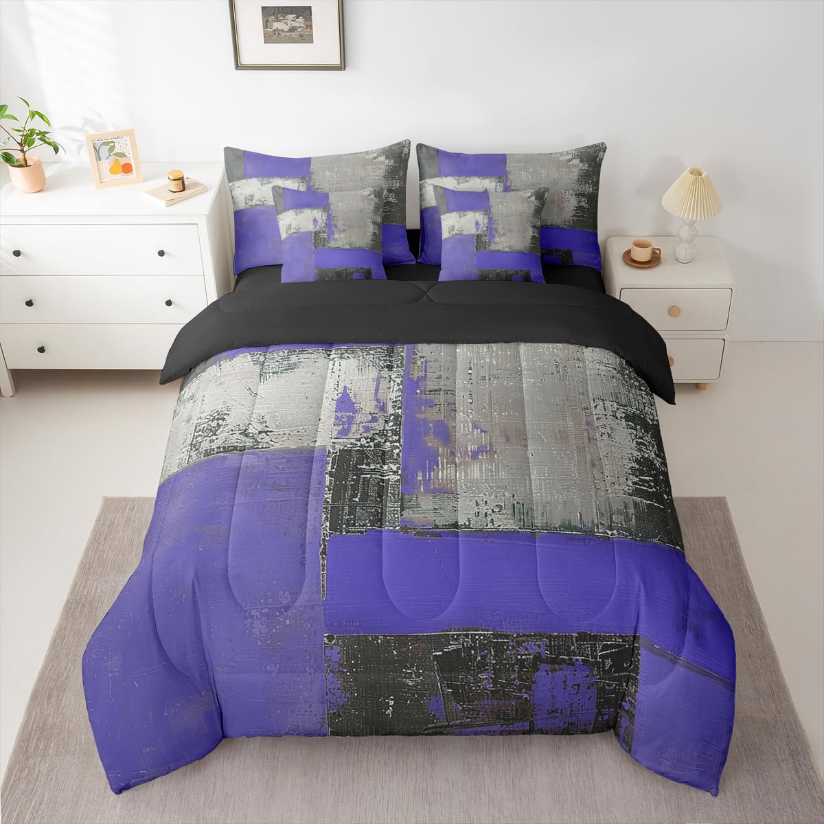 Feelyou Abstract Comforter Set King Size 7 Pieces Modern Abstract Art Bedding Set Luxury Bed in a Bag with Comforter, Sheets, Pillowcases, Cushion Covers Geometric Bedroom Decor Gray Purple