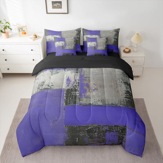Feelyou Abstract Comforter Set King Size 7 Pieces Modern Abstract Art Bedding Set Luxury Bed in a Bag with Comforter, Sheets, Pillowcases, Cushion Covers Geometric Bedroom Decor Gray Purple