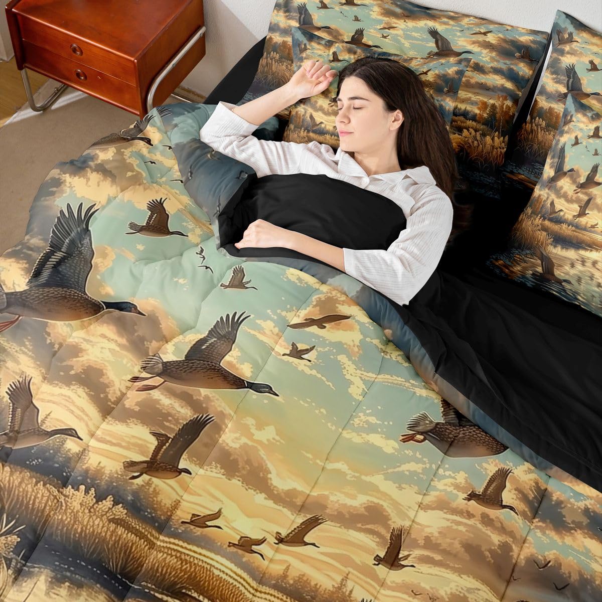 Erosebridal Reed Marshes 7 Piece Bedding Set Queen Mallards Comforter Set with Sheets Wild Ducks Clouds Wild Animal Theme Bed in a Bag Sunset Trees Hunting Waves for Teens Men Women