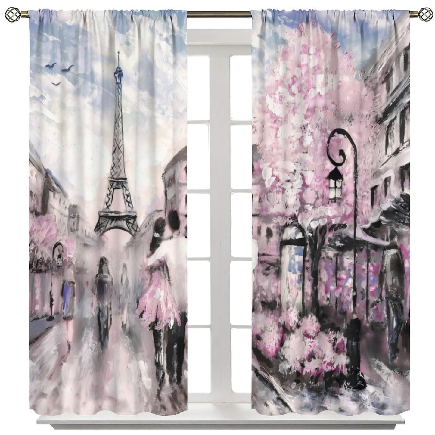 French Eiffel Tower Curtains Paris City Architecture Pink Themed Romantic Decor Oil Painting Style Rod Pocket Window Treatments For Living Room Girls Women Bedroom 2 Panels Set 41" x 45" （No Blackout）