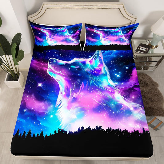 Northern Light Fitted Sheet Colorful Galaxy Wolf Bed Sheet Set for Kids Children Teens Starry Sky Aurora Bedding Set Howling Wolf Wild Animal Bed Cover No Flat Sheet Bedroom Decor 2Pcs Twin Size