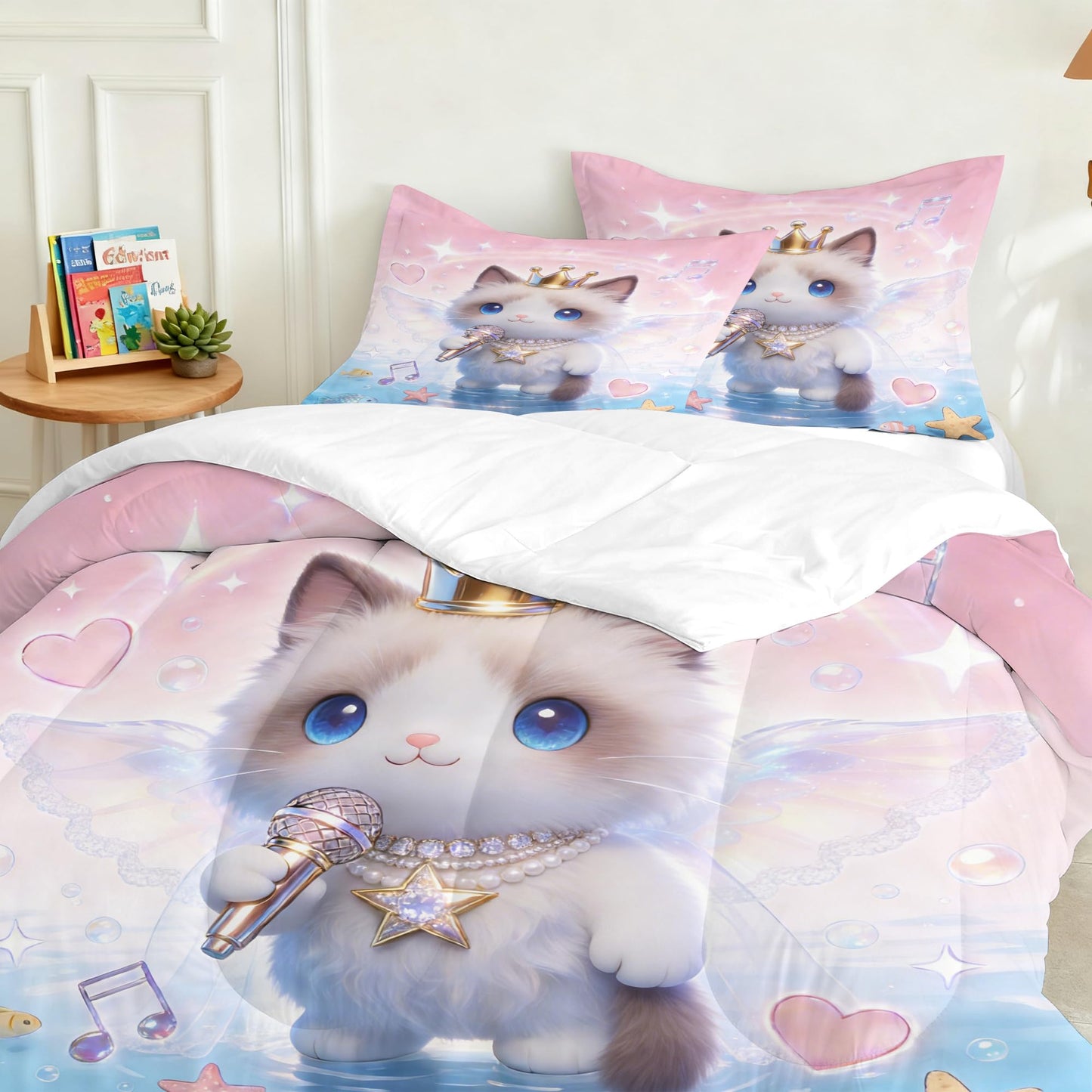 VTKON 3D Cat Bedding Set Twin Size for Girls Kids Teens Soft Kitten Pink Blue Comforter Set Cute Ragdoll Cat Print Pattern Bed Set Singing Angel Animal Quilt Set with 1 Comforter + 1 Pillow Case