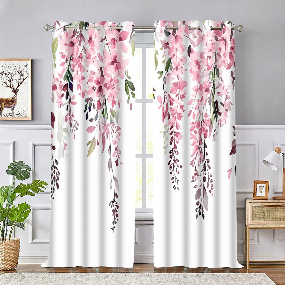 EOTDMS Pink Watercolor Floral Curtains 84 inches Long, Botanical Leaves Vine Flowers Rustic Farmhouse Curtains, Blackout Window Treatment Drapes for Bedroom Living Room 42x84inch, 2 Panels