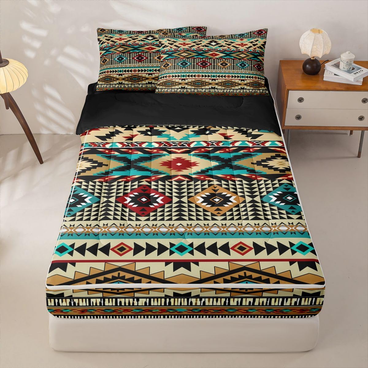Western Geometric Zipper Bedding Queen Boho Western Zip Up Bedding Set for Boys, Bohemian Southwestern Bed in a Bag Vintage Rustic Farmhouse Comforter with Fitted Sheet and 2 Pillowcases Yellow