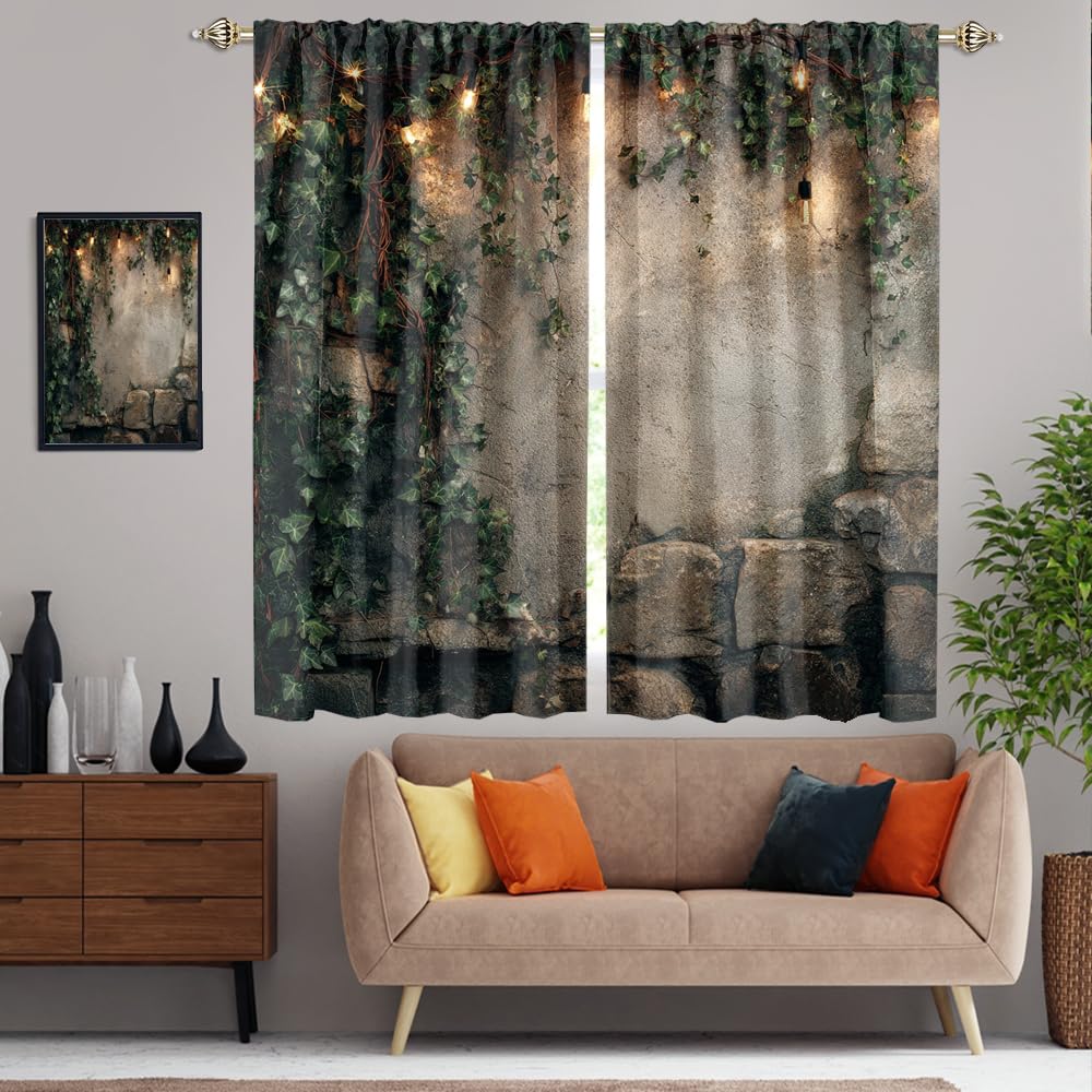 XSUPFLYM Retro Realistic Stone Wall Window Thermal Curtain for Living Room Mid Century Classic Spring Landscape Botanical Plant Green Leaves Blackout Curtains for Bedroom 2 Panels Each 21" W x 54" L