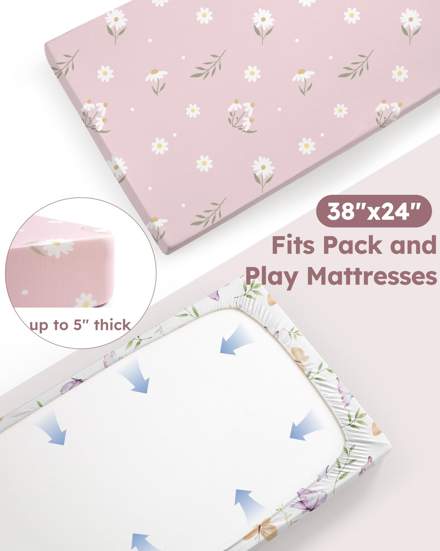 Nyessmee Pack and Play Sheets for Girls, 38" x 26" Mini Crib Sheets Fitted for Pack n Play Mattress, Soft Breathable Playard Sheets, 2-Pack Pink Butterfly