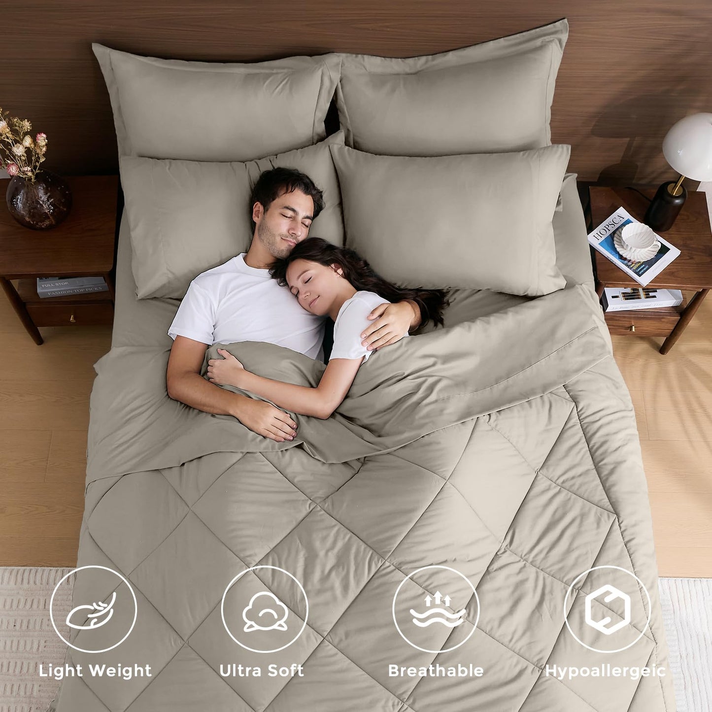 HEVUMYI Linen Queen Comforter Set - 7-Piece All Season Bed in a Bag Queen, Ultra Soft Bedding Set with Comforter, Flat Sheet, Fitted Sheet, Pillowcases, Pillow Shams