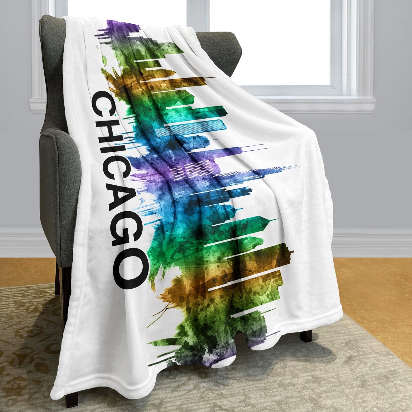 HommomH Watercolor Chicago Skyline Blanket, Soft Cozy Lightweight Fleece Throw Blankets for Couch Sofa Bed, 60 x 80 Inches