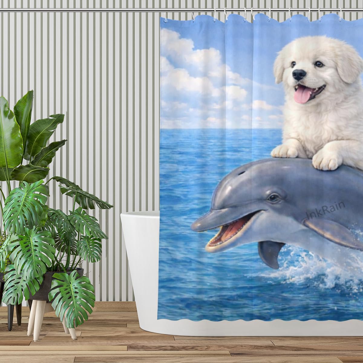 InkRain Ocean Great Pyrenees Shower Curtain with 12 Hooks Cute Puppy Riding Dolphin Bathroom Decor Waterproof Polyester Fabric Coastal Beach Bath Curtain 72x80 Inch