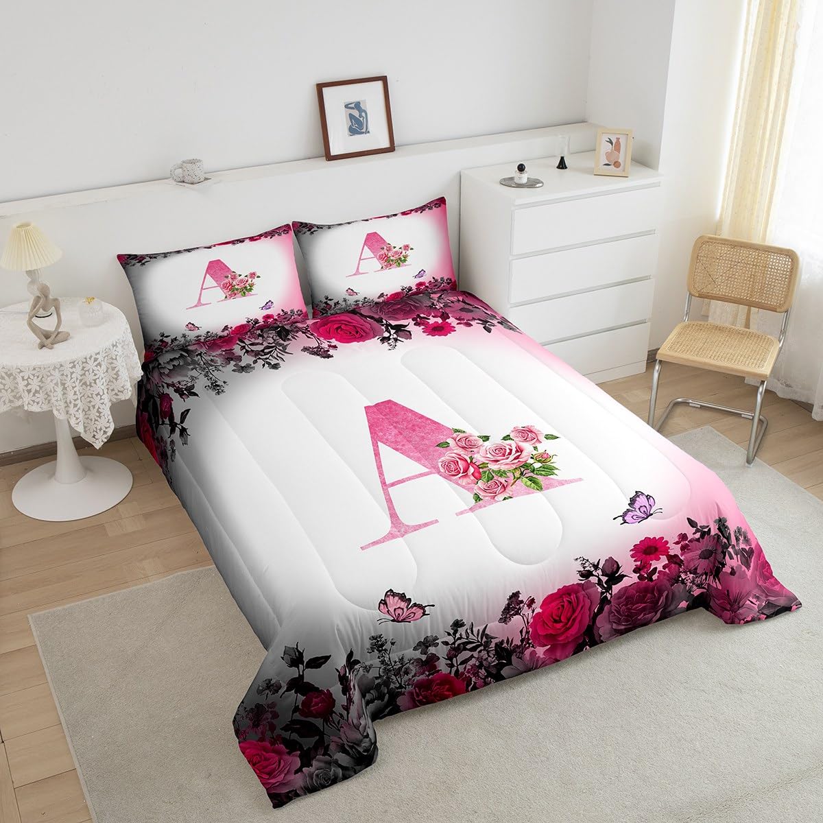 jejeloiu Letter Flowers Comforter Set Queen Size for Kids Teens Girls Woman Personalized Initial A Bedding Set Ultra Soft Black Pink Floral Rose Butterfly Duvet Quilt Monogrammed Duvet Modern Fashion