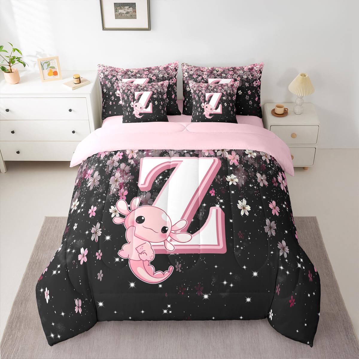 Erosebridal Twin Size Cute Axolotl Bed in A Bag 7 Pieces for Kids Girls Teens | Initial Letter Z Comforter Set with Sheets Japanese Cherry Blossom Bedding Set with Flat Fitted Sheets (Pink and White)