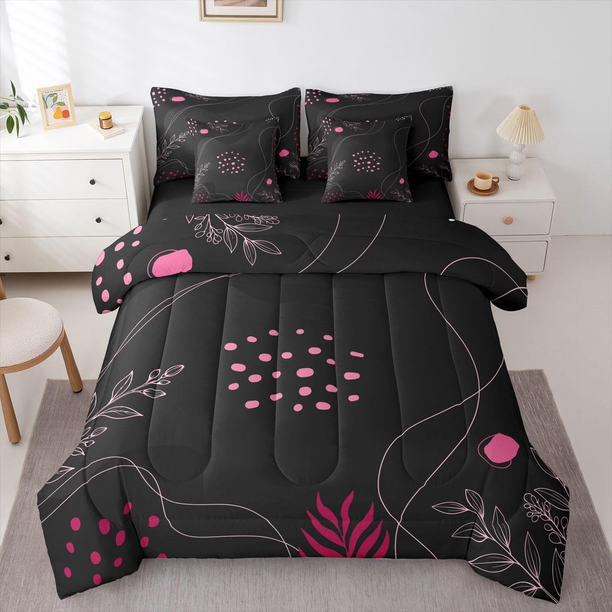 Erosebridal Boho Black Pink 7 Piece Comforter Set Full Bed in a Bag Mid Century Modern Bedding Sets Geometric Lines Comforter and Sheet Set, Modern Abstract Bed Sets