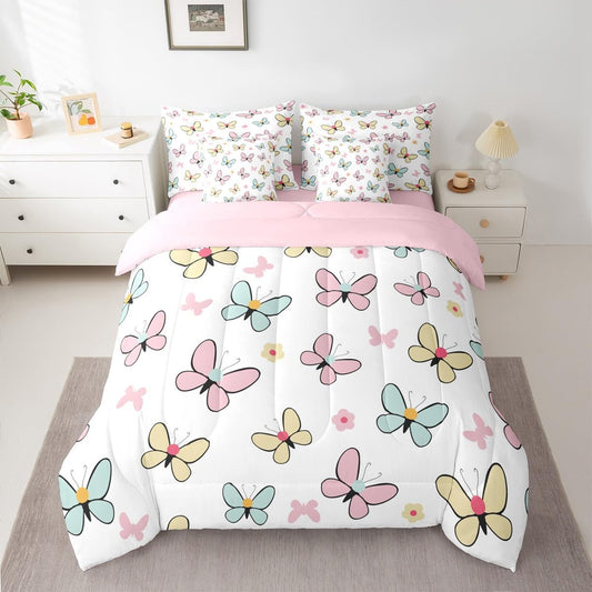 Feelyou Butterfly Comforter Set Queen Size 7 Pieces Cute Pink Bedding Set for Kids Boys Girls Kawaii Bed in a Bag with Comforter, Sheets, Pillowcases, Cushion Covers Soft