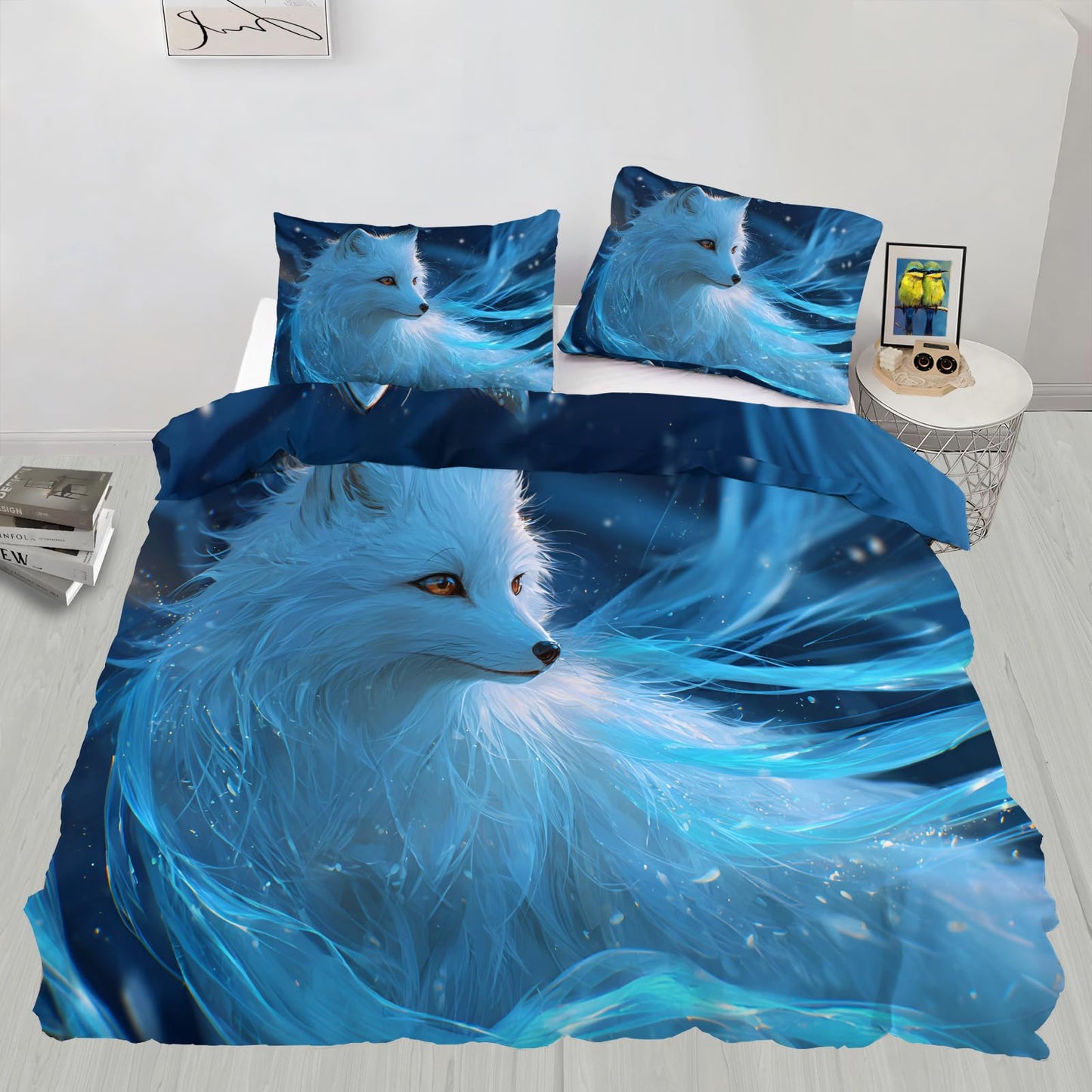 ZAOMIR White Fox Print Duvet Cover Set 3Pcs Reversible Soft Microfiber Fantasy Animal Bedding Set Twin Size Starry Animal Comforter Cover with 2 Pillowcases