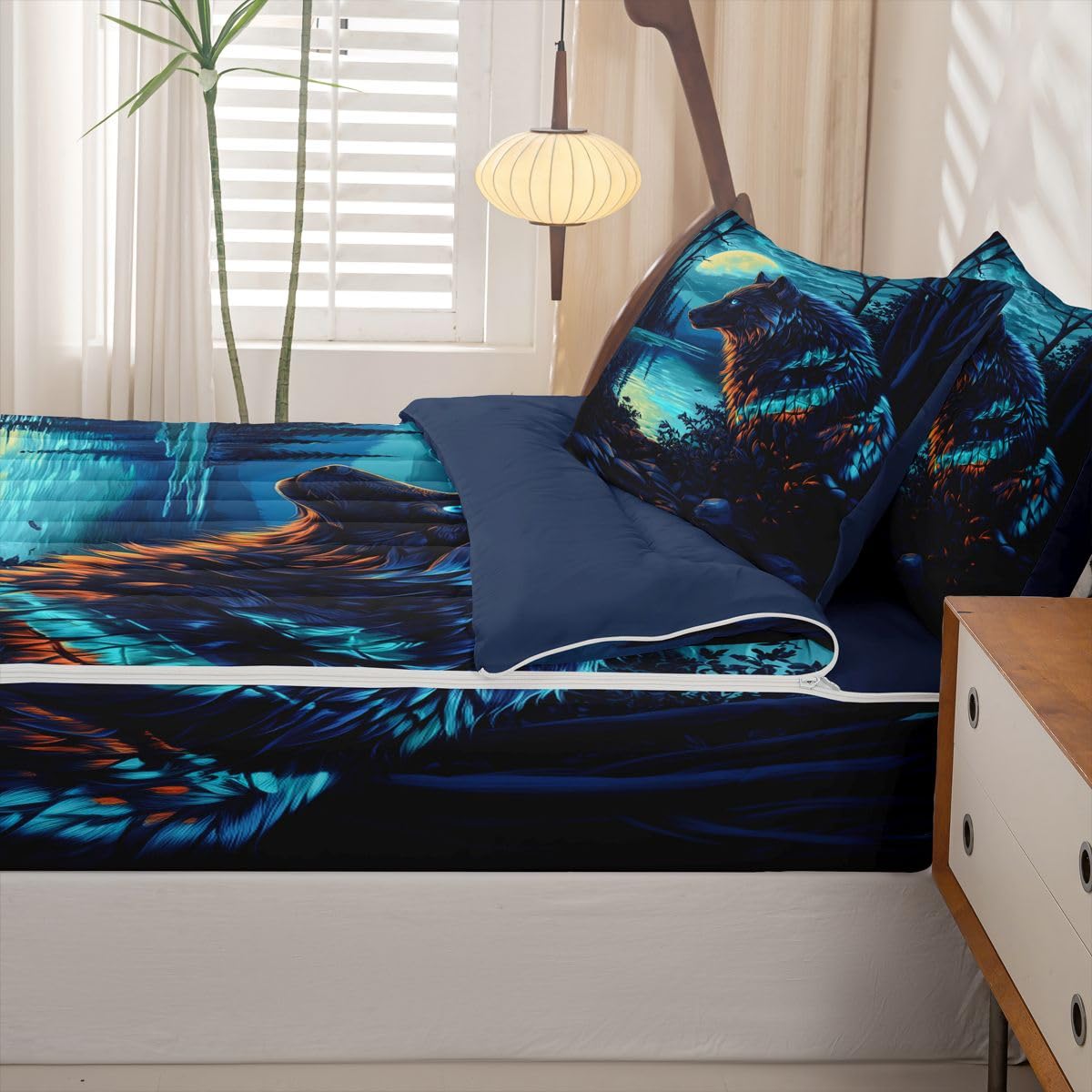 jejeloiu Wolf Moon Zipper Bedding for Kids Wolf Night Moon Twin Comforter Set with Fitted Sheet 2 Pillowcases Wildlife Bed in a Bag Soft Lightweight Microfiber