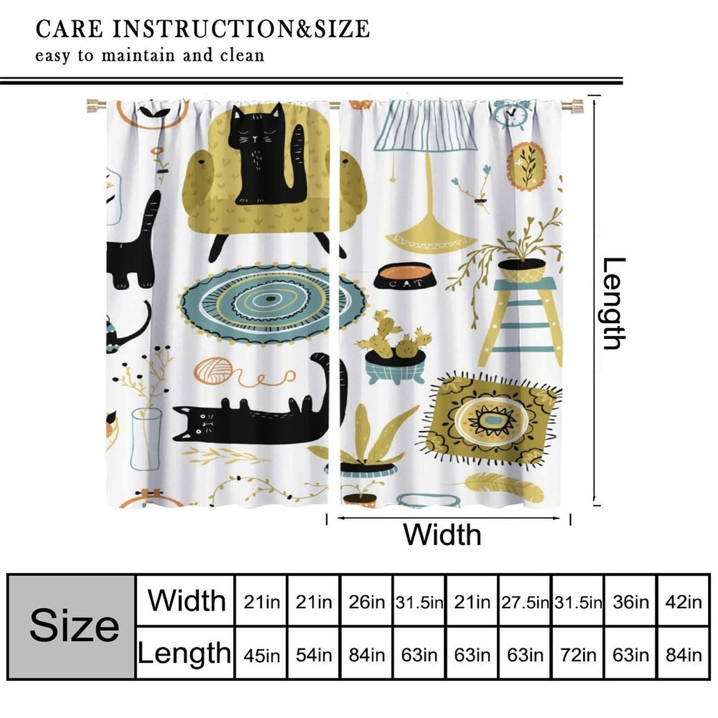 ACOOLTD Cartoon Curtains Rustic Black Kitty Home Ambiance Cute Patterns Furniture Blackout Window Treatment for Kids Bedroom Kitchen Cafe Home Decor Drapes，2 Panels 42" W X 45" L