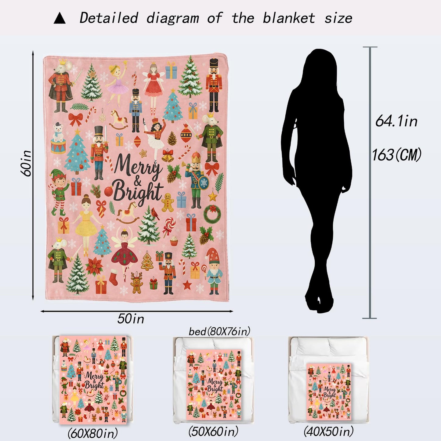 ainori Nutcracker Christmas Decorative Throw Blanket,Ballet Fairy Mouse King Tree Print Decoration,Flannel Winter Pink Blankets for Couch Bed Sofa,Holiday Home Decor,Xmas Festival Gifts 50x60 Inch