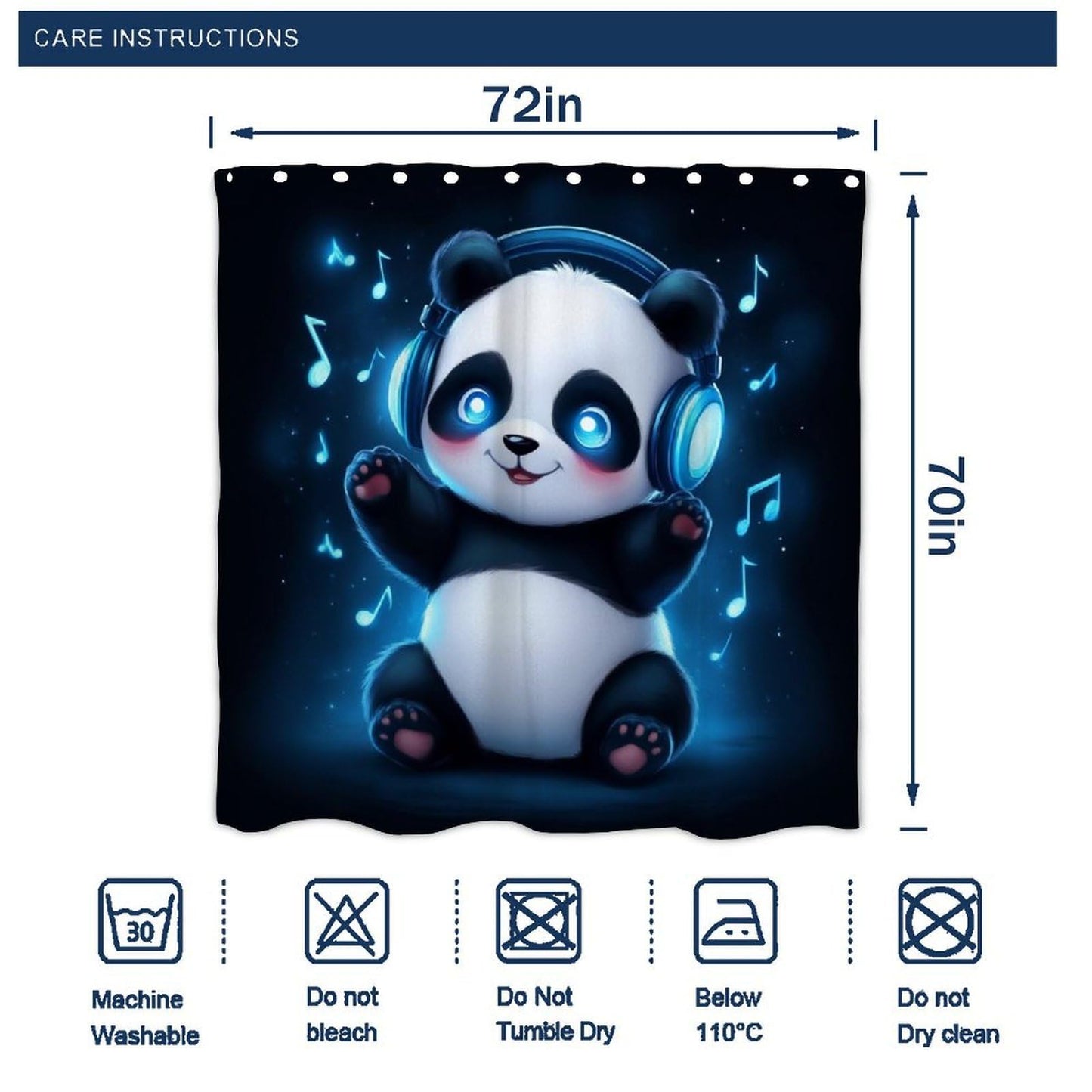 Fashion Bathroom Decoration Shower Curtain Set with Curtain Hooks Animal Headphones Music Cute Panda, 72"x 70"