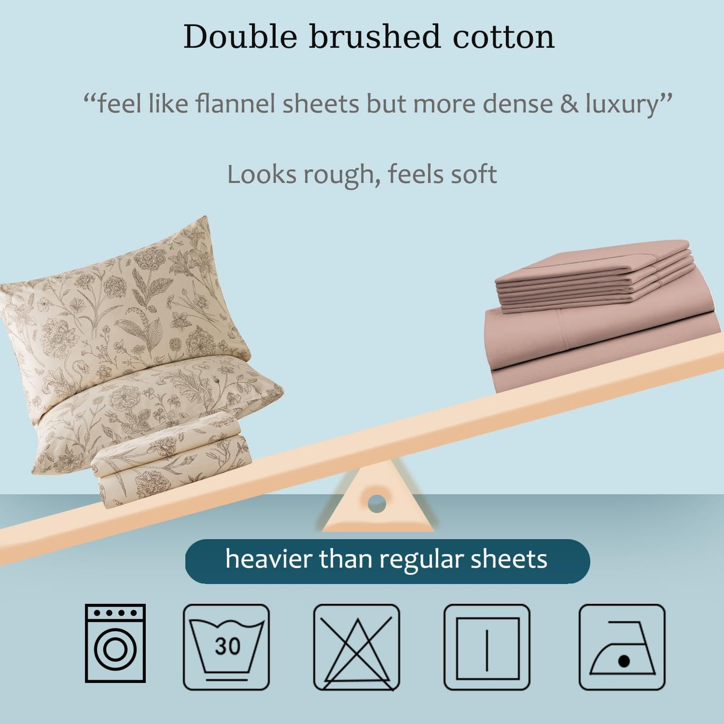 Zusbest Queen Sheet Set 100% Percale Cotton Beige Floral Bed Sheet Set, Brushed for Extra Softness, Breathable Luxury Toile Flannel Sheets Like Khaki Flower Print Deep Pocket Sheets 17.5'' 4 Pcs