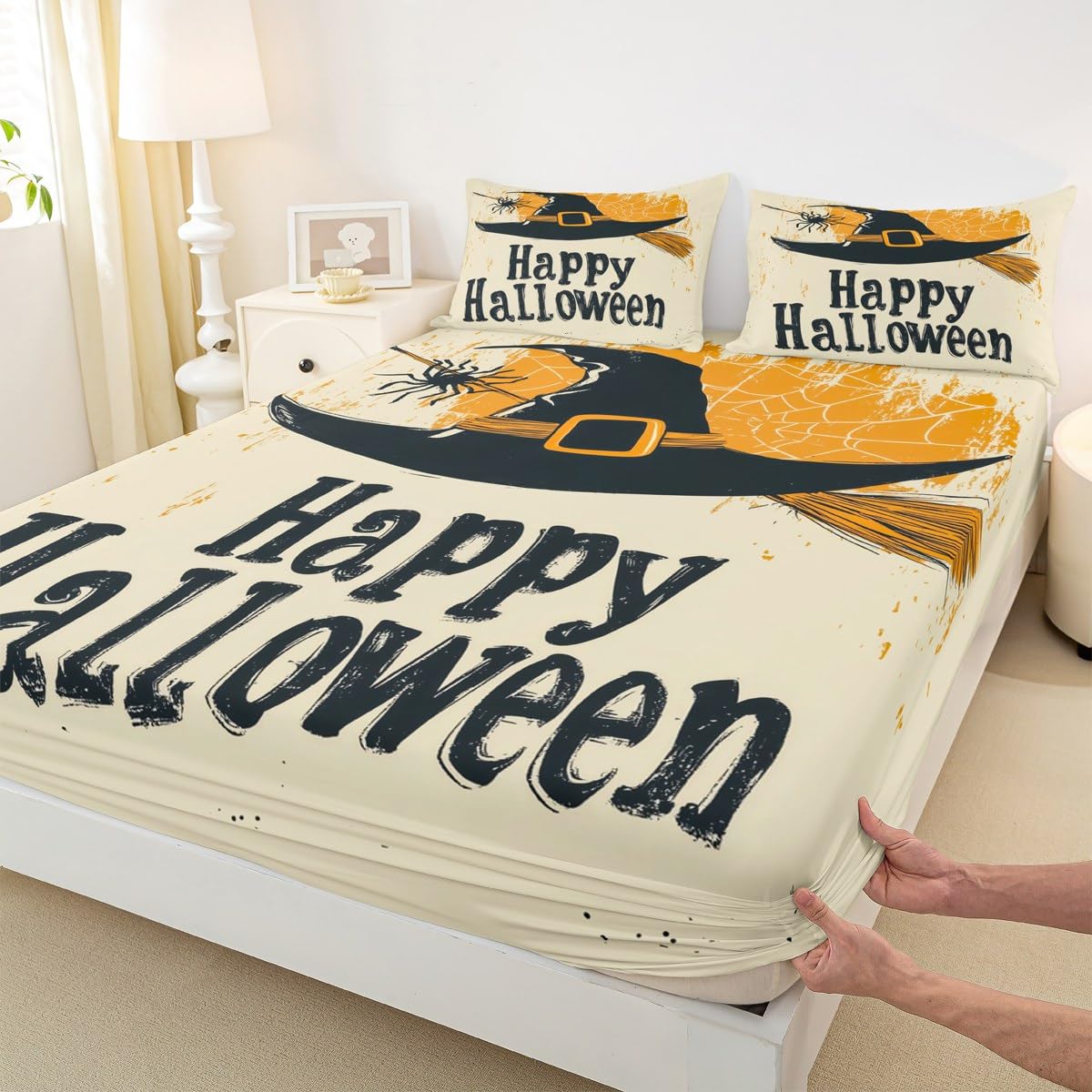 Feelyou Kids Happy Halloween Bedding Set Full Size, Witch Bed Sheet Set Boys Girls Spider Web Fitted Sheet Horror Decor Teens Bedroom Decor Lightweight Bed Set (No Flat Sheet)
