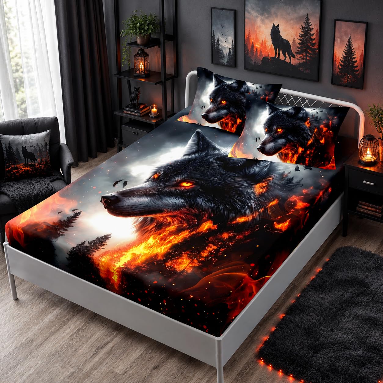 HOSIMA Wolf Twin Bedding Sets for Kids,Wolf Surrounded by Fire Print Lightweight Fitted Sheet,Animal Themed Forest Wildlife Bedding Sets for Boys Room Decor,1 Fitted Sheet+2 Pillowcases.
