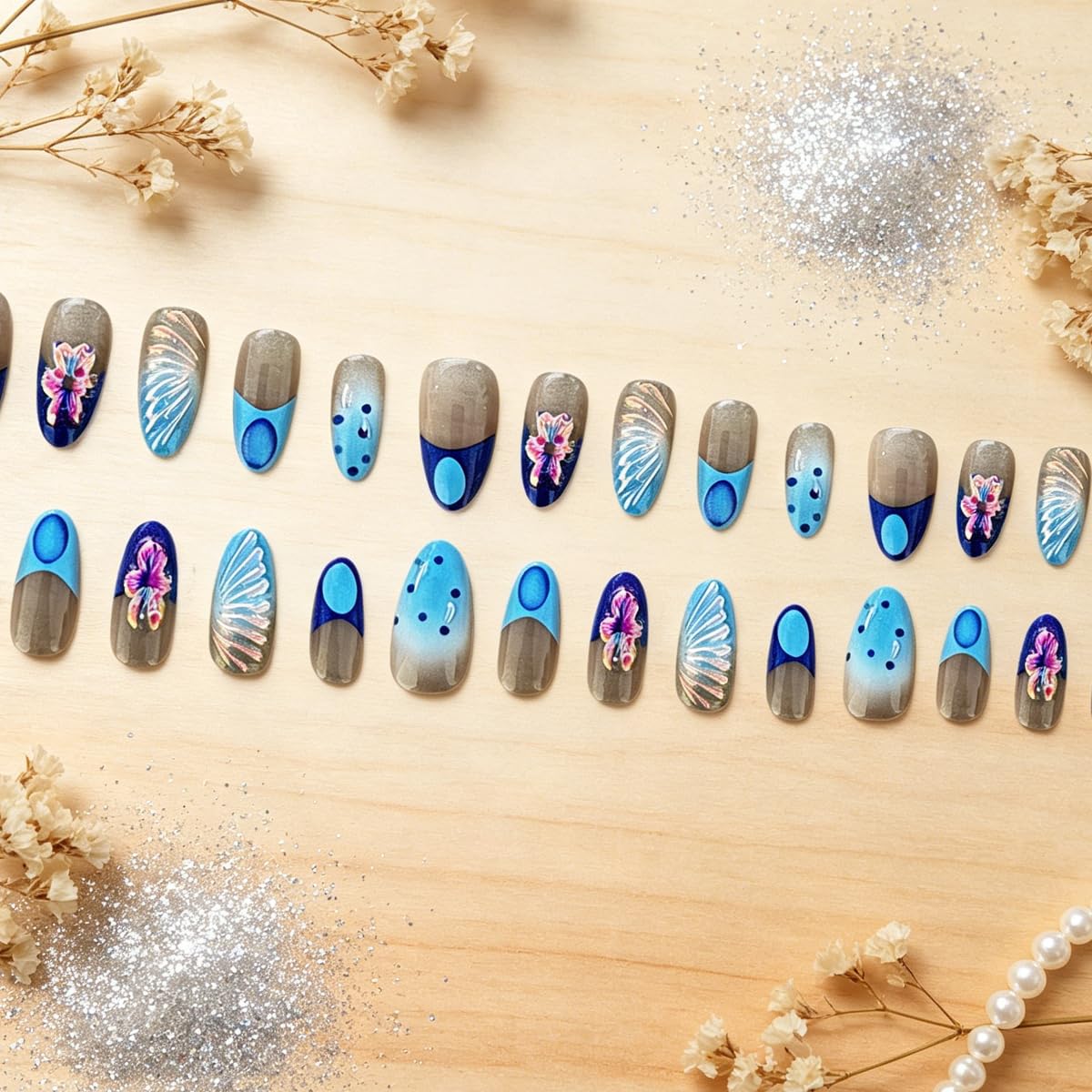 3D Press On Nails Almond Medium Light Blue French Fake Nails with Embossed Fan-Shaped&Plating Flower Designs, Acrylic Artificial Nail Press ons False Stick On Nails for Women Girls 30Pcs