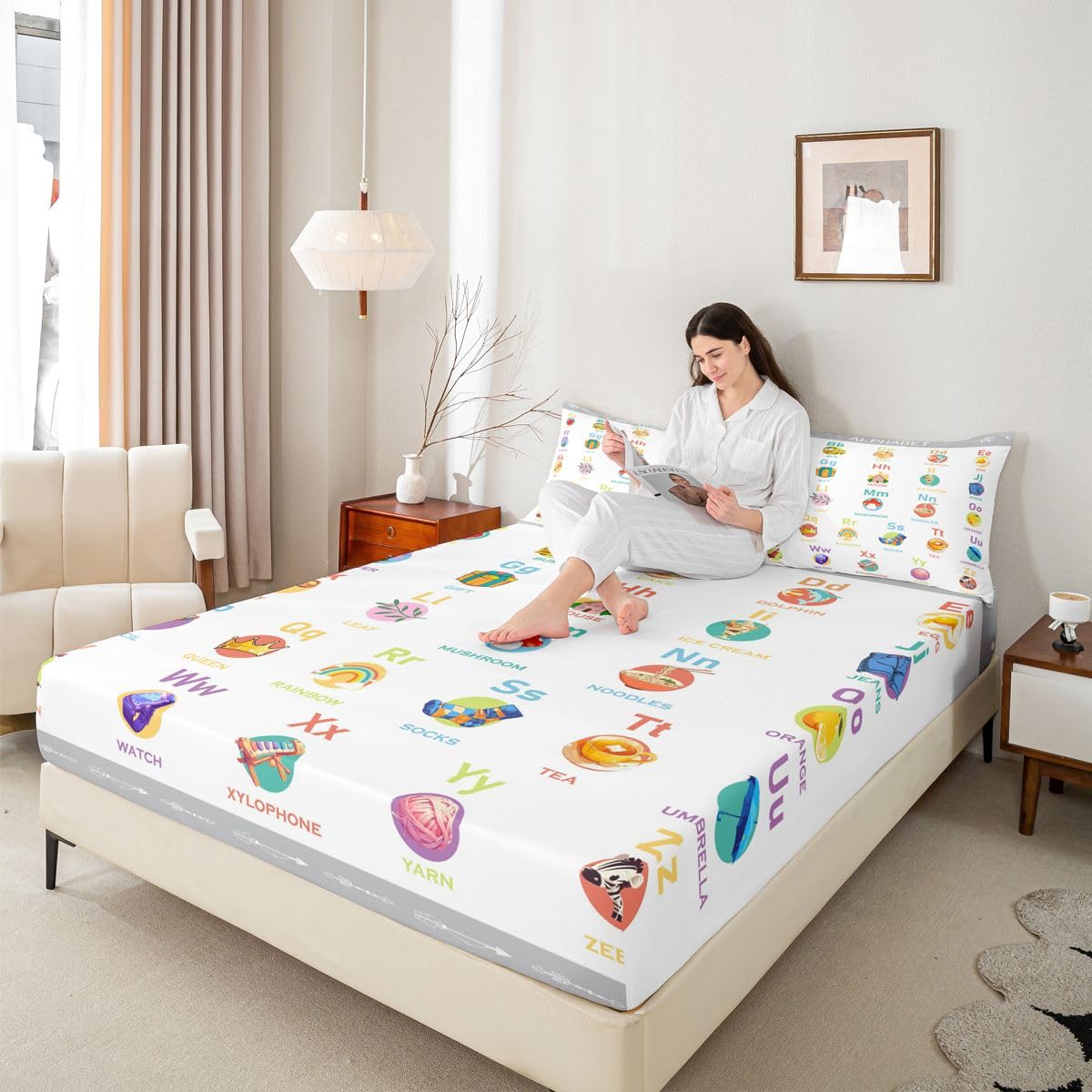 ABC Alphabet Fitted Sheet Twin Size, Cartoon Bedding Set Numbers Bed Sheet Set Kids Toddler Educational Learning Bed Cover with 1 Pillow Case (No Flat Sheet)