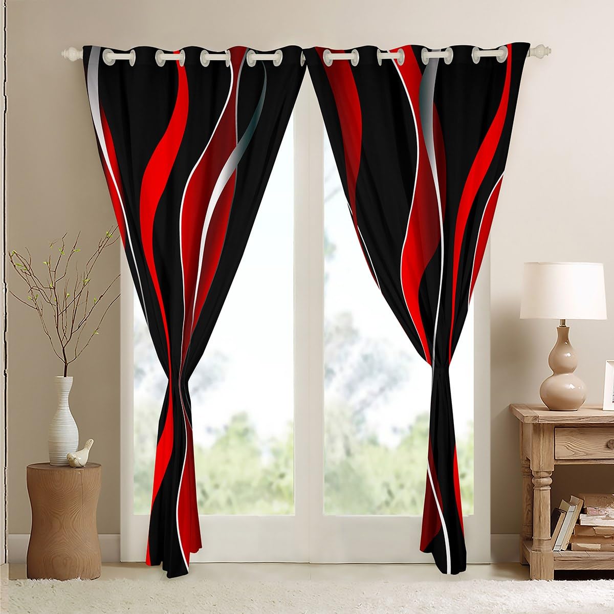 Feelyou Red Grey Black Stripe Darkening Drapes Retro Stripe Swirl Blackout Curtain Boys Geometric Pastel Gradient Stripes Window Curtains Swirl Lines Window Treatments, 2 Panels 38 x 45 Inch