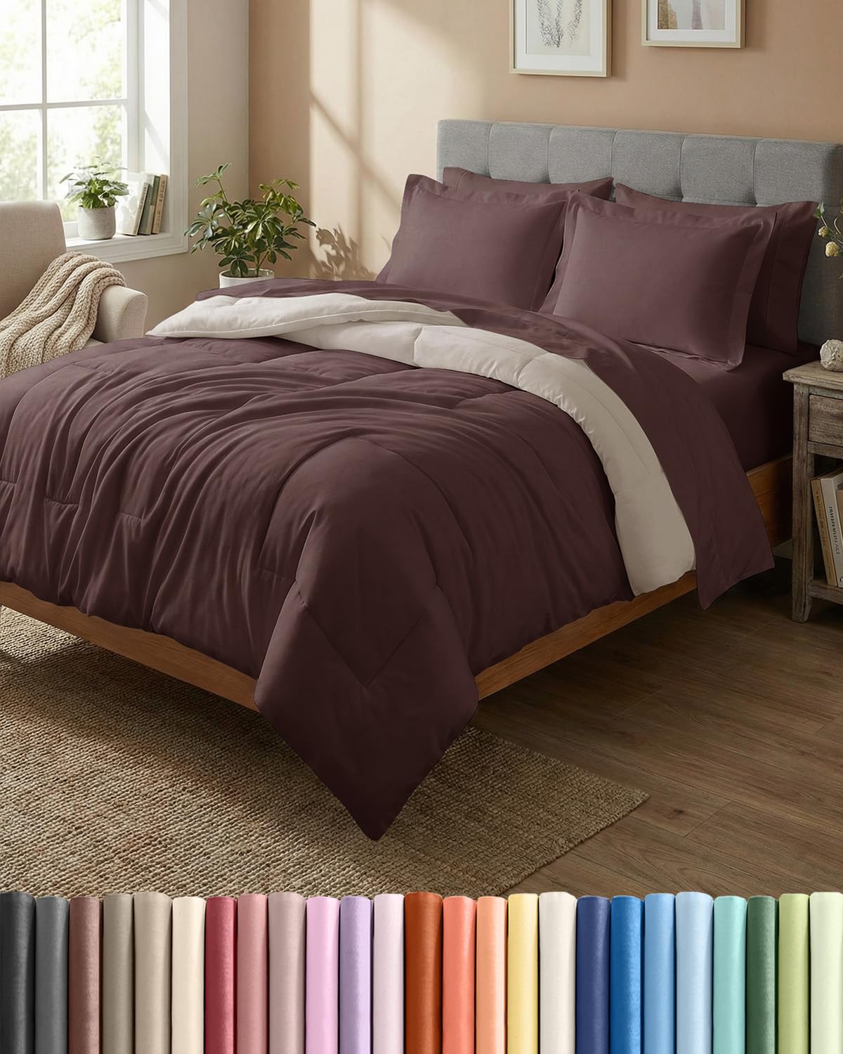 Queen Comforter Set Brown/Beige - Bed in a Bag Queen Size 7 Pieces - Down Alternative Lightweight Reversible Comforter Bedding Set with Flat Sheet, Fitted Sheet, Pillowcases and Shams for All Seasons