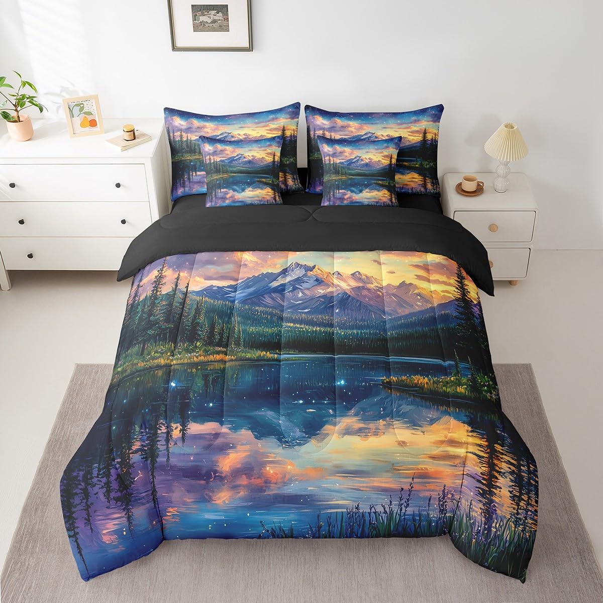 jejeloiu Mountain Lake Comforter Set with Sheets Twin Size Kids Dreamy Star Sky Tree 7 Pieces Bedding Set for Boys Girls Teens Nature Landscape Bed in a Bag Breathable Galaxy Bed Set Room Decor
