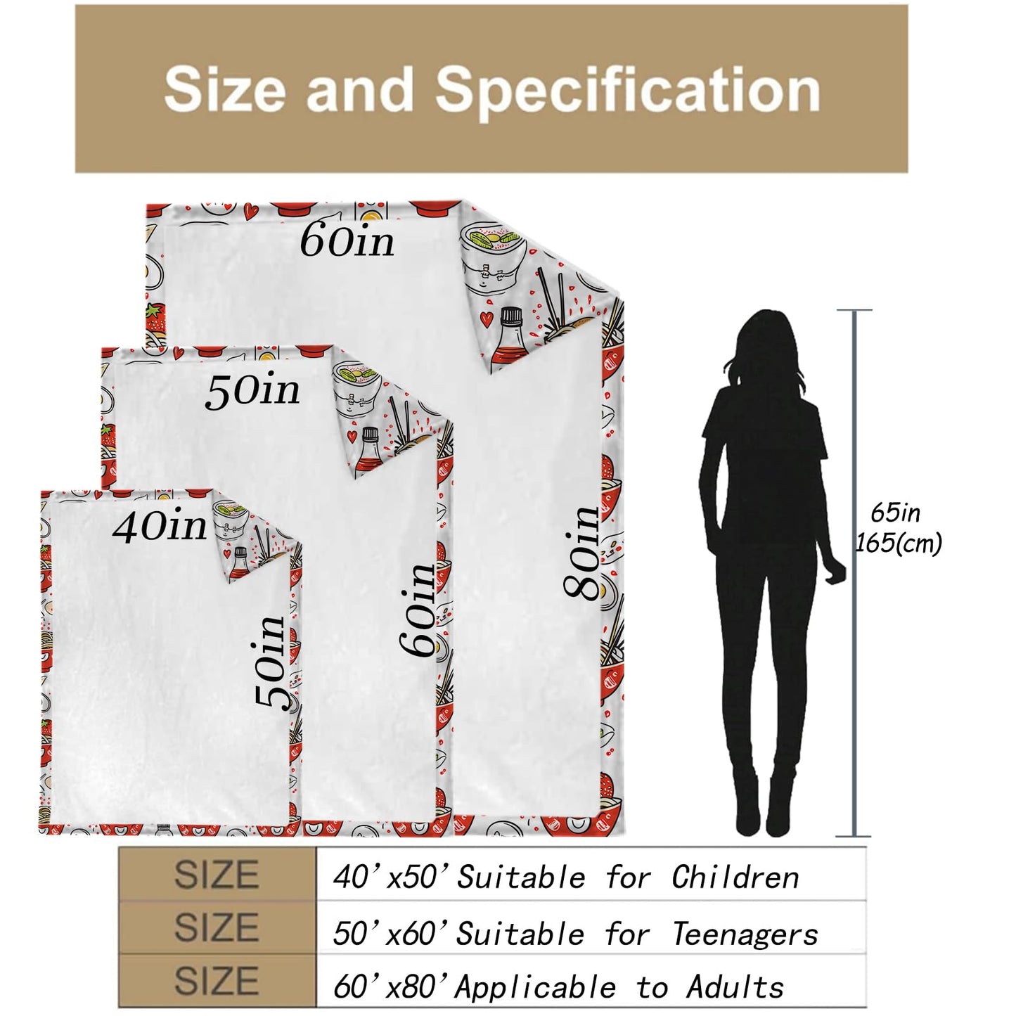 Ramen Noodles Throw Blanket for Adults Kids, 50x60 in, Food Theme Flannel Blankets for Bedroom, Couch, Travel, Home Decor, Fuzzy Soft Cozy Warm Gifts