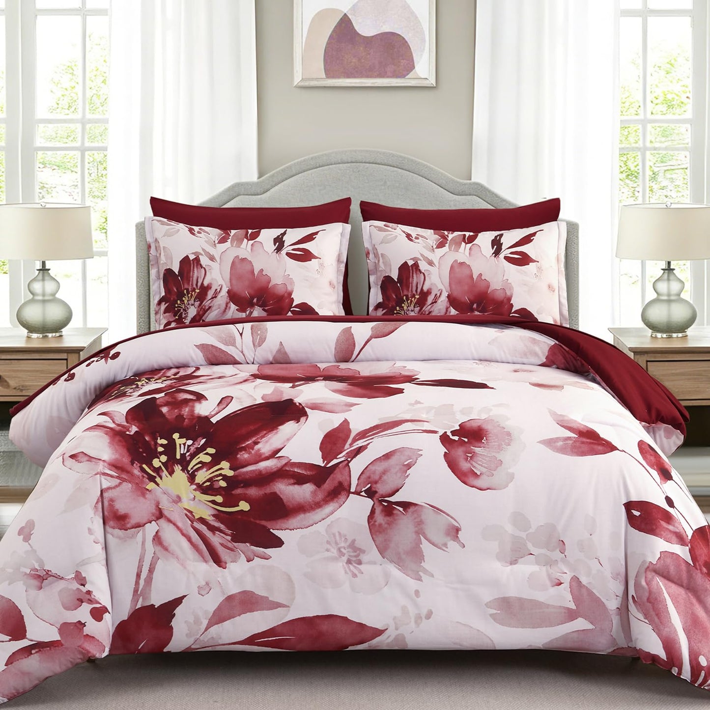 Luxudecor Floral Comforter Set King Size, 7 Piece Burgundy Flower Set Bed in a Bag,Soft Microfiber Farmhouse Shabby Chic Bedding Set for All Season(90"x104")