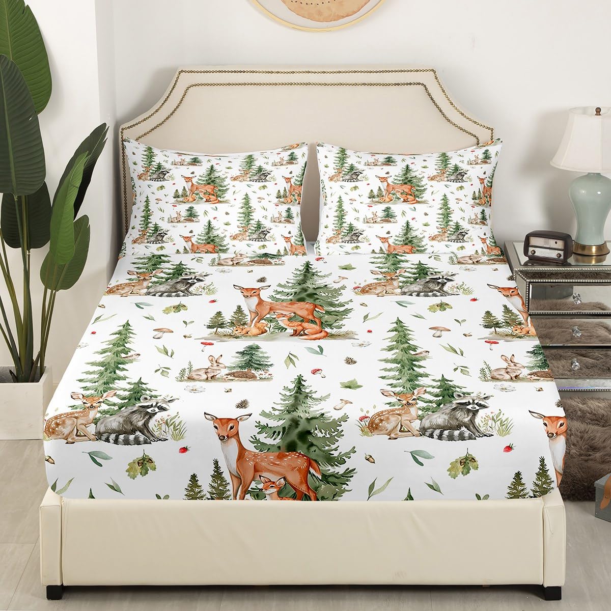 Cute Deer Fox Kids Fitted Sheet Queen Size,Mushroom Pine Trees Rustic Farmhouse Bedding Set,Boys Girls Adults Room Decor,Cartoon Rabbits Hedgehogs Bed Cover,Bright Bed Sheet,2 Pillowcases