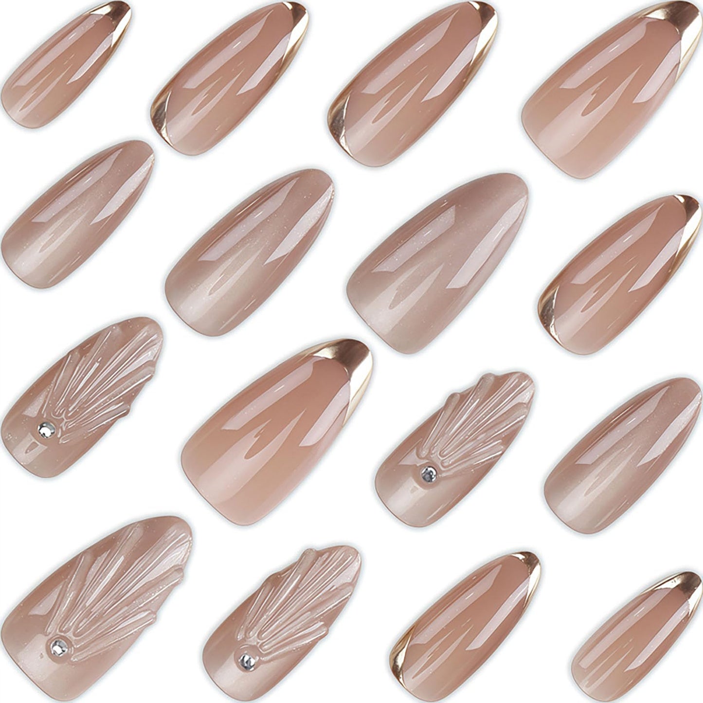 RUOKEXIN Almond Press on Nails Gold French Tip Fake Nails Nude False Nails with 3D Designs Short Nail Press ons Gold Sparkly Artificial Nails for Women 30Pcs