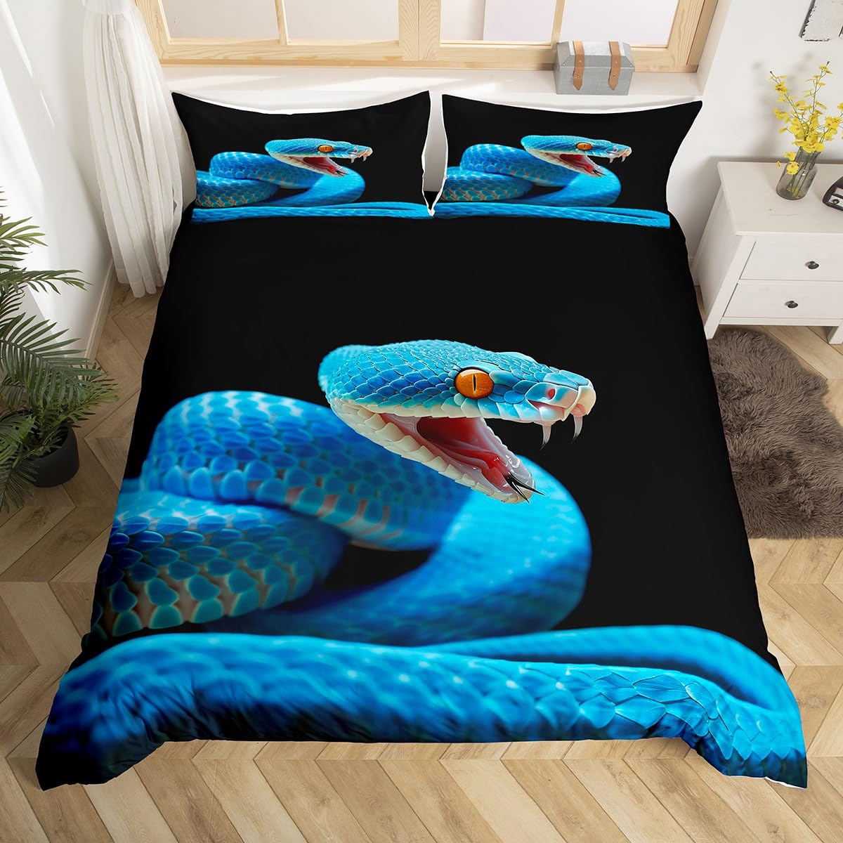Feelyou 3D Snake Comforter Cover Set for Kids Boys Teens Green Snake Duvet Cover 3D Reptile Print Bedding Set Wild Animal Quilt Cover,Room Decor 3Pcs Bedding King Size