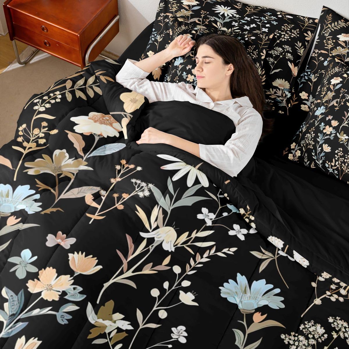 Erosebridal Florals 7 Piece Bedding Set Twin Daisy Comforter Set with Sheets Spring Rustic Farmhouse Retro Flower for Kids Boys Girls Simple Kawaii Floral Retro Bed in a Bag