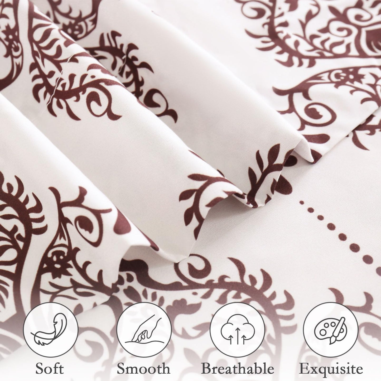 ChicView Queen Size Paisley Printed Sheet Set,4 Pieces Boho Style Breathable Soft Microfiber Bedsheets, Anti Pilling Deep Pockets Easy Care Bed Sheets, Brown