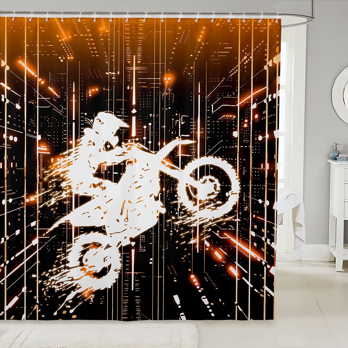 Feelyou Kids Dirt Bike Bath Curtain Racing Motocross Rider Bathroom Shower Curtain Set Boys Girls Motorcycle Shower Curtain Extreme Sports Teens Bathroom Accessories Bedroom Decor 72"x72"