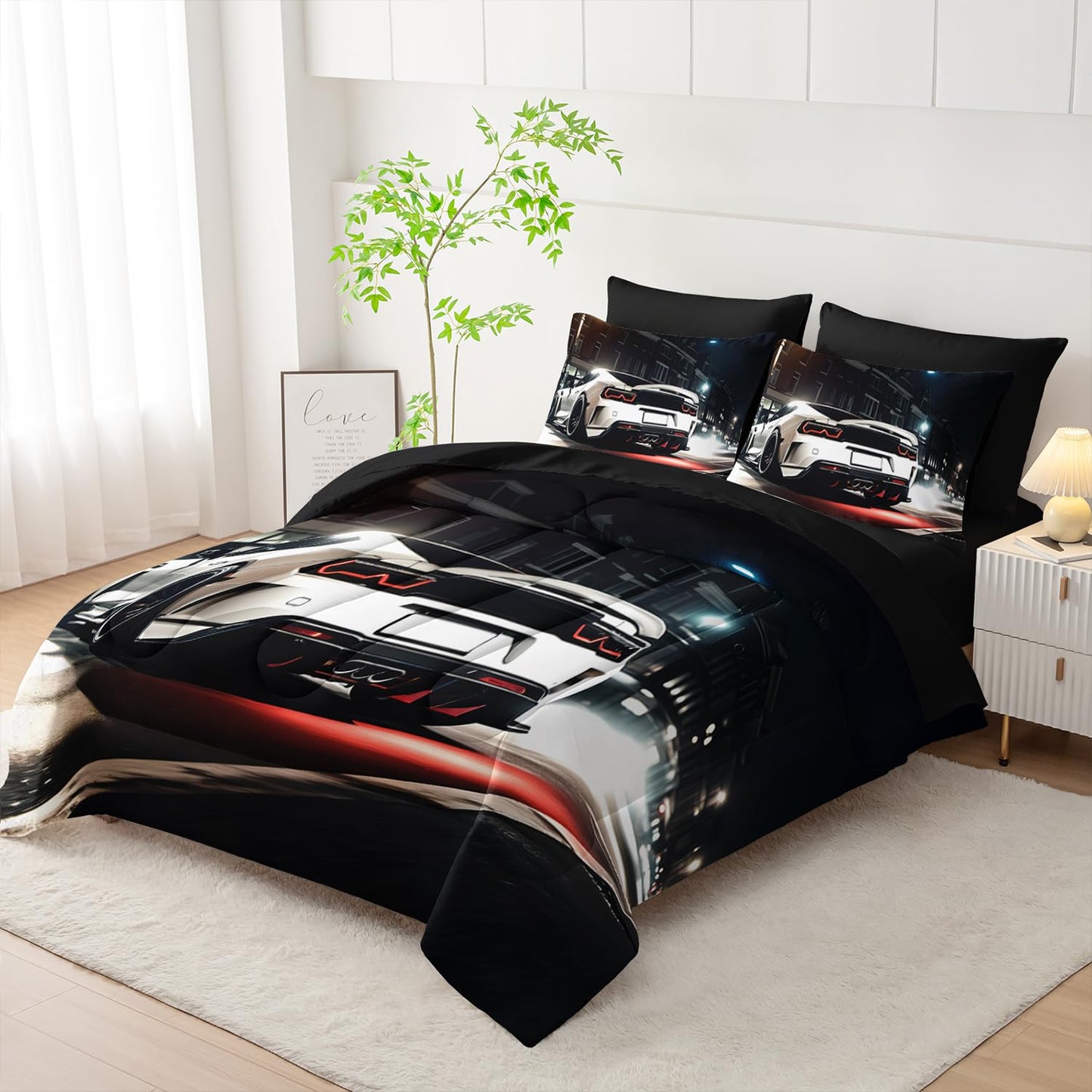 Nttopship Sports Car Comforter Set Twin Size 7PCS, White Racing Car Bed Set Light White Racing Car Bedding Set 7 Piece in A Bag,Bed Sheet Set Racing Car Decor,Microfiber Lightweight All Season