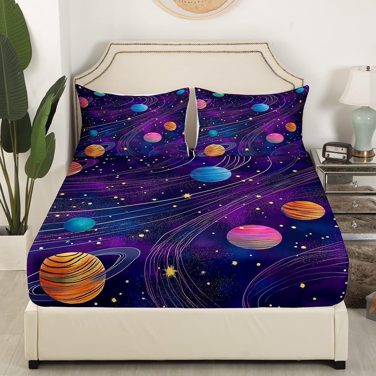 Erosebridal Galaxy Bed Sheet for Kids Boys Girls,Out Space Sheet Sets Full Size,Glowing Neon Solar System Bedding Set,Gradient Nebula Fitted Sheet Flat Sheet 2 Pillowcases Bedroom Decor