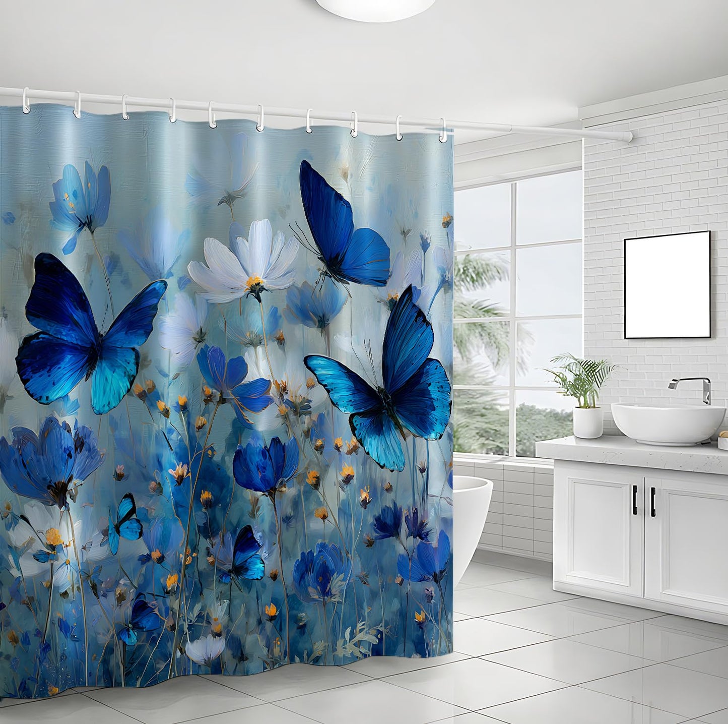THISFIND Shower Curtain, Blue Floral with Butterflies on Gradient Background Machine Washable Waterproof Fabric for Bathroom Decor Bathtub with 12 Hooks 72x72