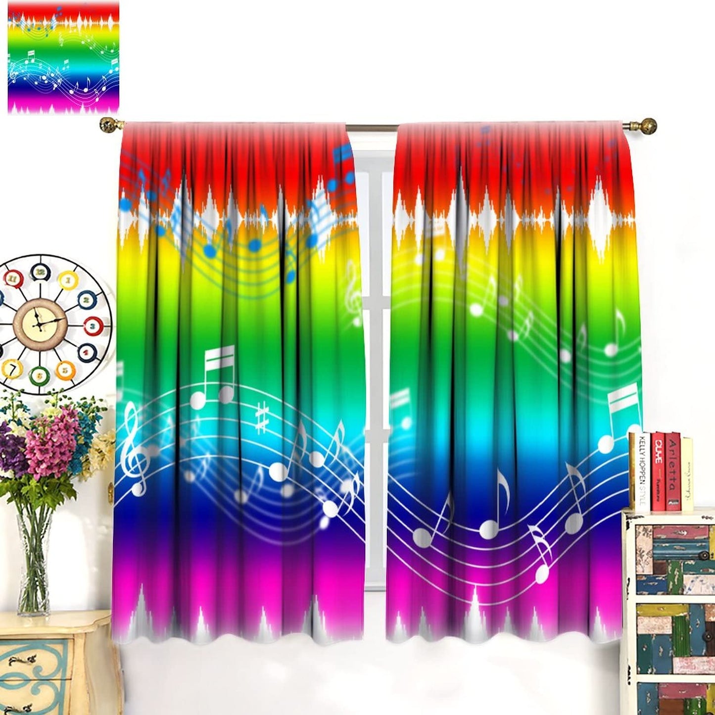 Music Curtains,Sound Art Music Note Colorful Pattern Polyester Fabric Window Drapes for Bedroom Living Room Music Room Window Drapes 2 Panel Set,Total Size 42" x 45"