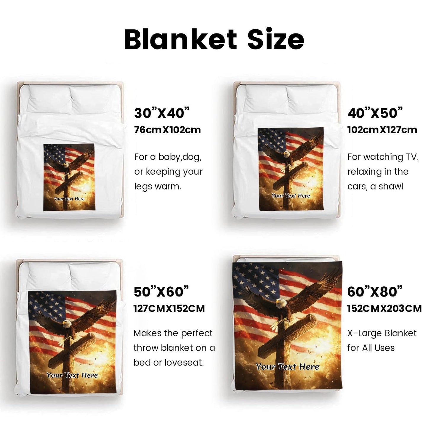 Cross Eagle and America Flag Blanket Personalized - Ultra Soft Throw with Name for Independence Celebration Gift, 30" x 40"