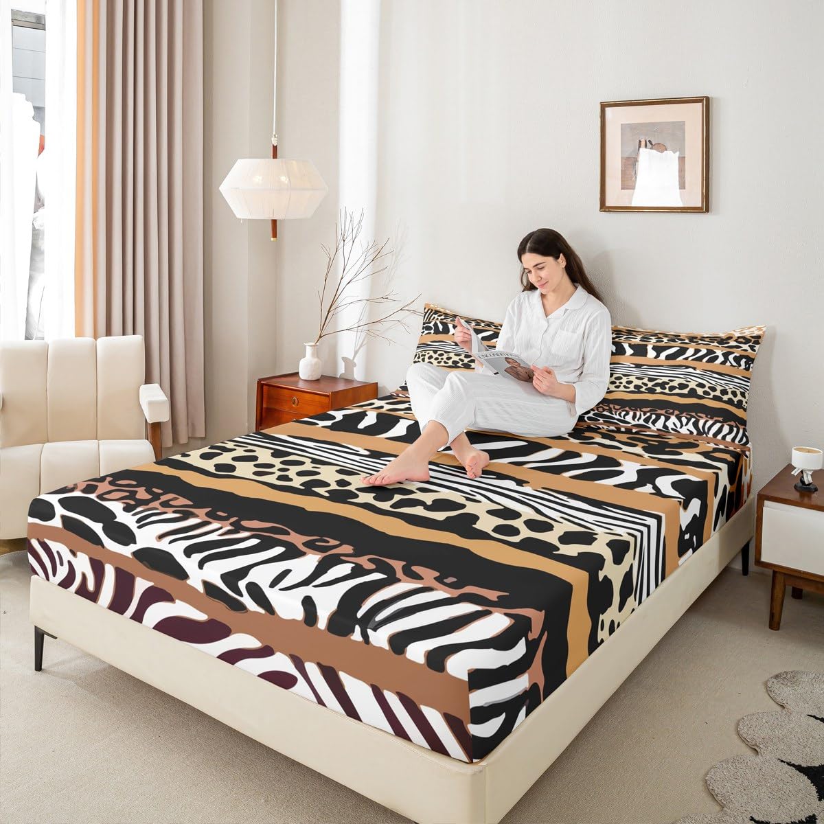 jejeloiu Leopard Fitted Sheet Twin Size for Kids Boys Girls Black Zebra Bed Sheets Set 16" Deep Pocket Soft Microfiber Cheetah Zebra Stripes Bedding with 1 Pillowcase Safari Fur Print Room Decor